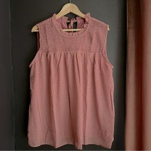 Sleeveless, Swiss dot mauve pink blouse with a smocked top & tie at back of neck